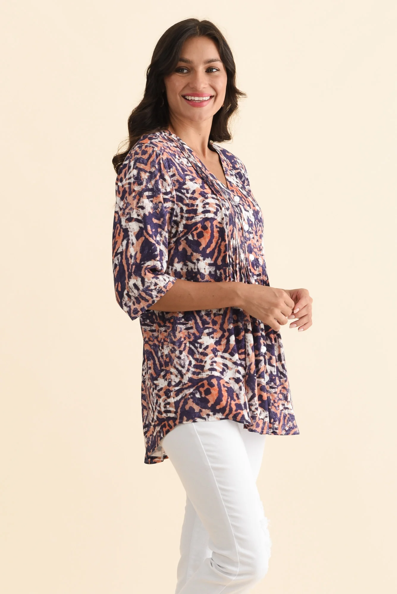 Alby Navy Abstract Pleated Blouse - Image 3