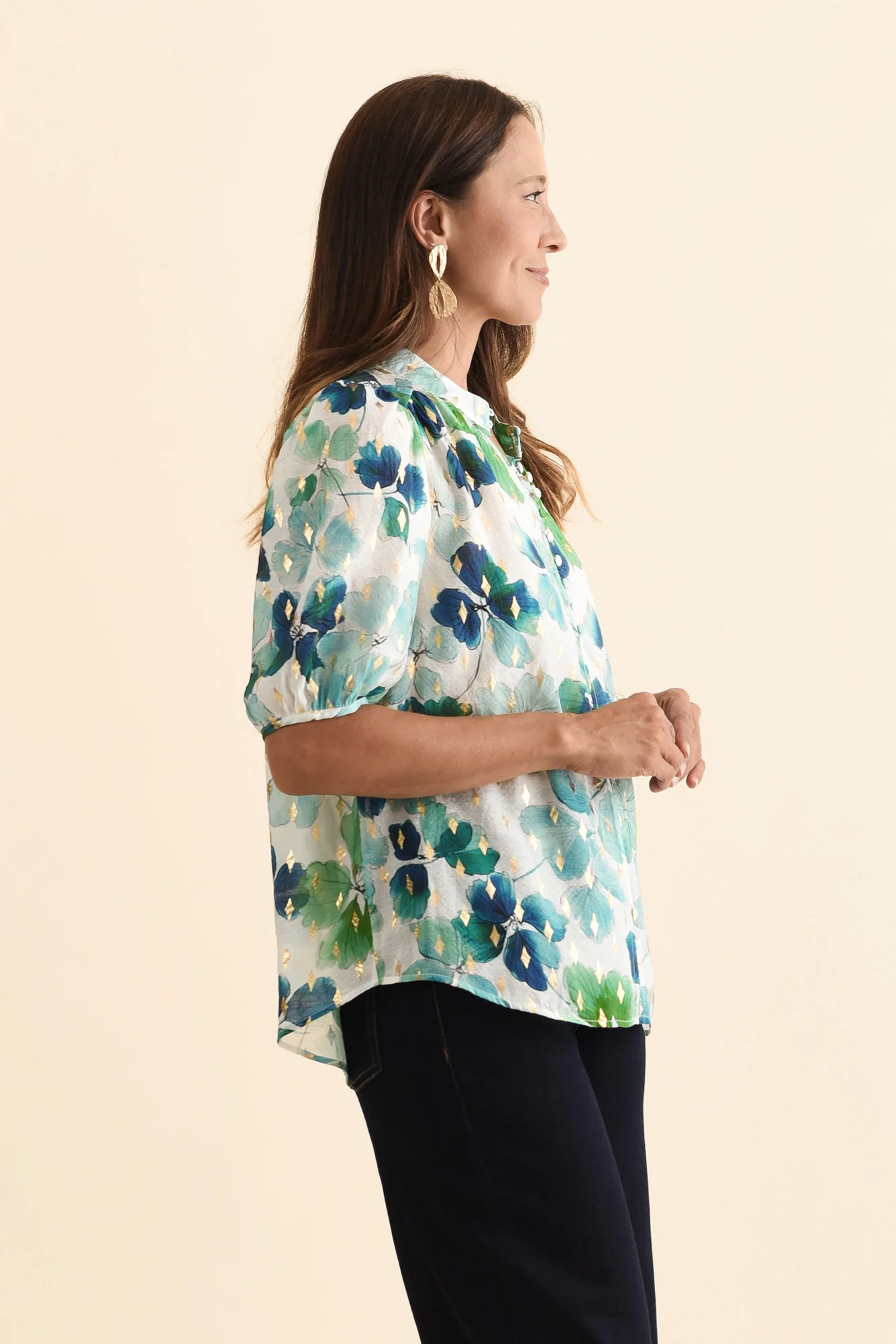 Alexandra Green Flower Button Top - Image 3