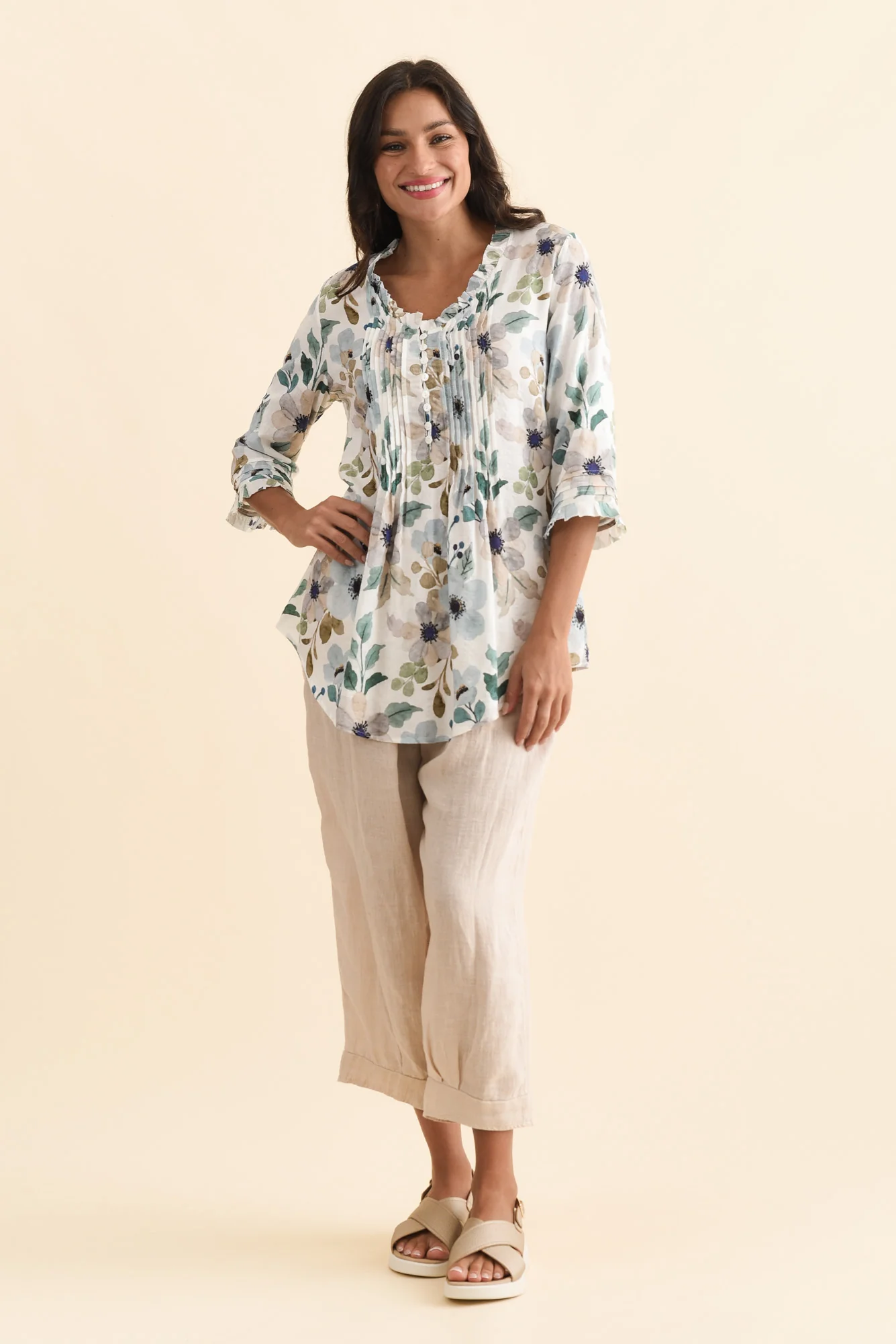 Angelo Blue Floral Cotton Button Top - Image 6
