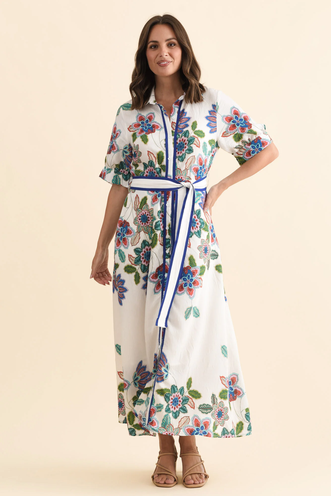 Athens White Floral Linen Cotton Dress - Image 2