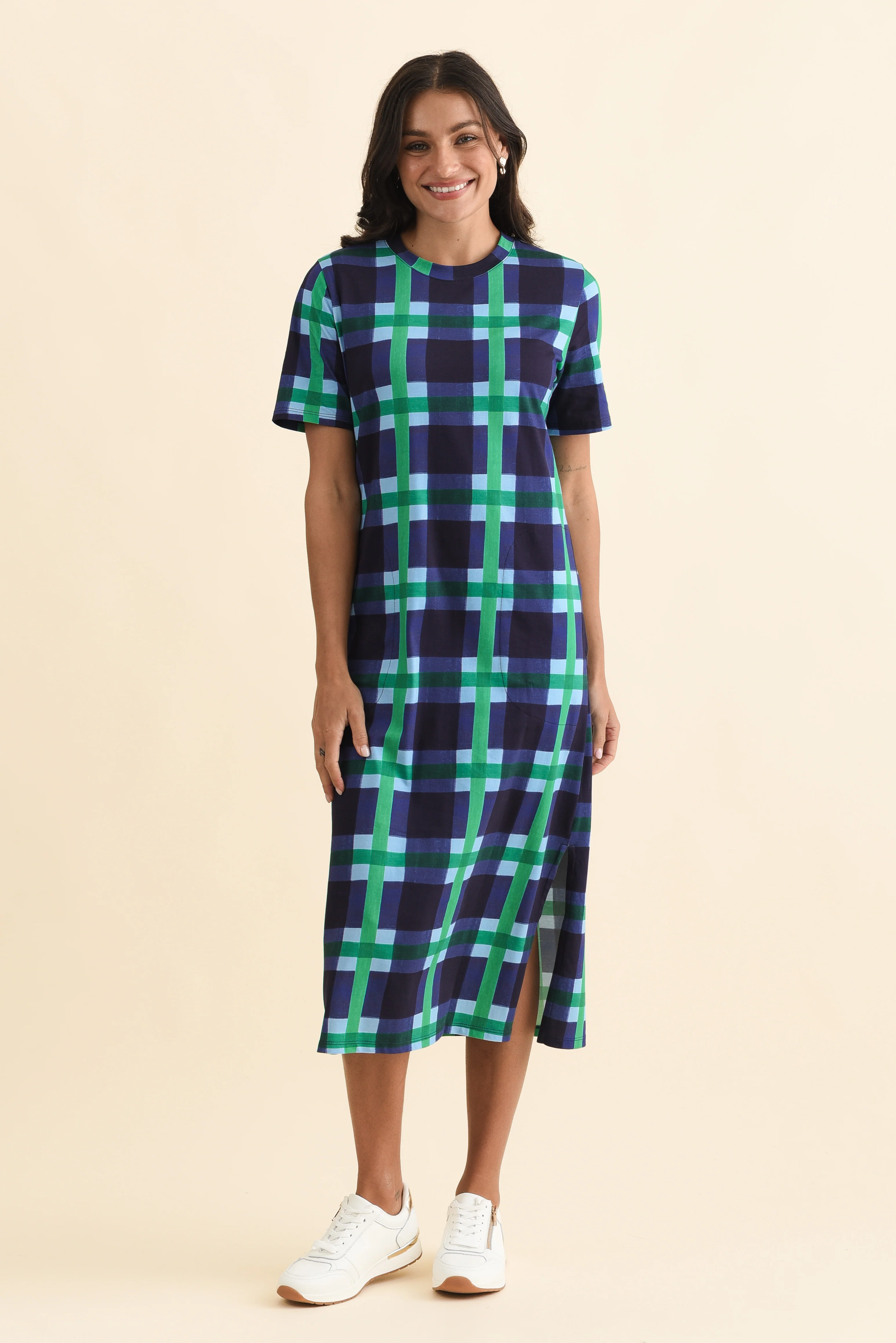 Bari Navy Check Cotton Tee Dress - Image 6