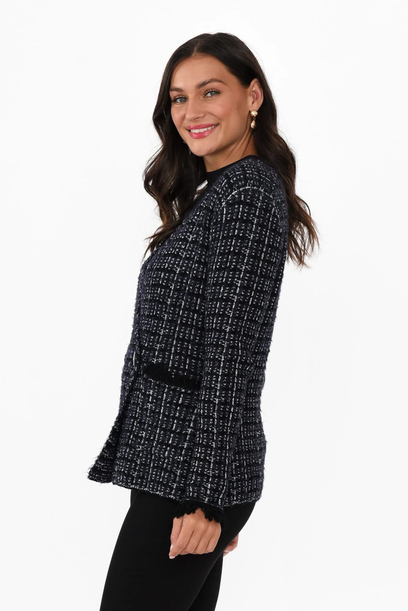 Beverly Navy Check Knit Blazer Cardigan - Image 3