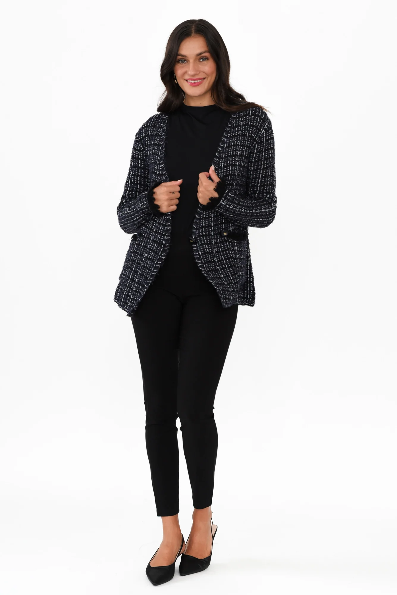 Beverly Navy Check Knit Blazer Cardigan - Image 7