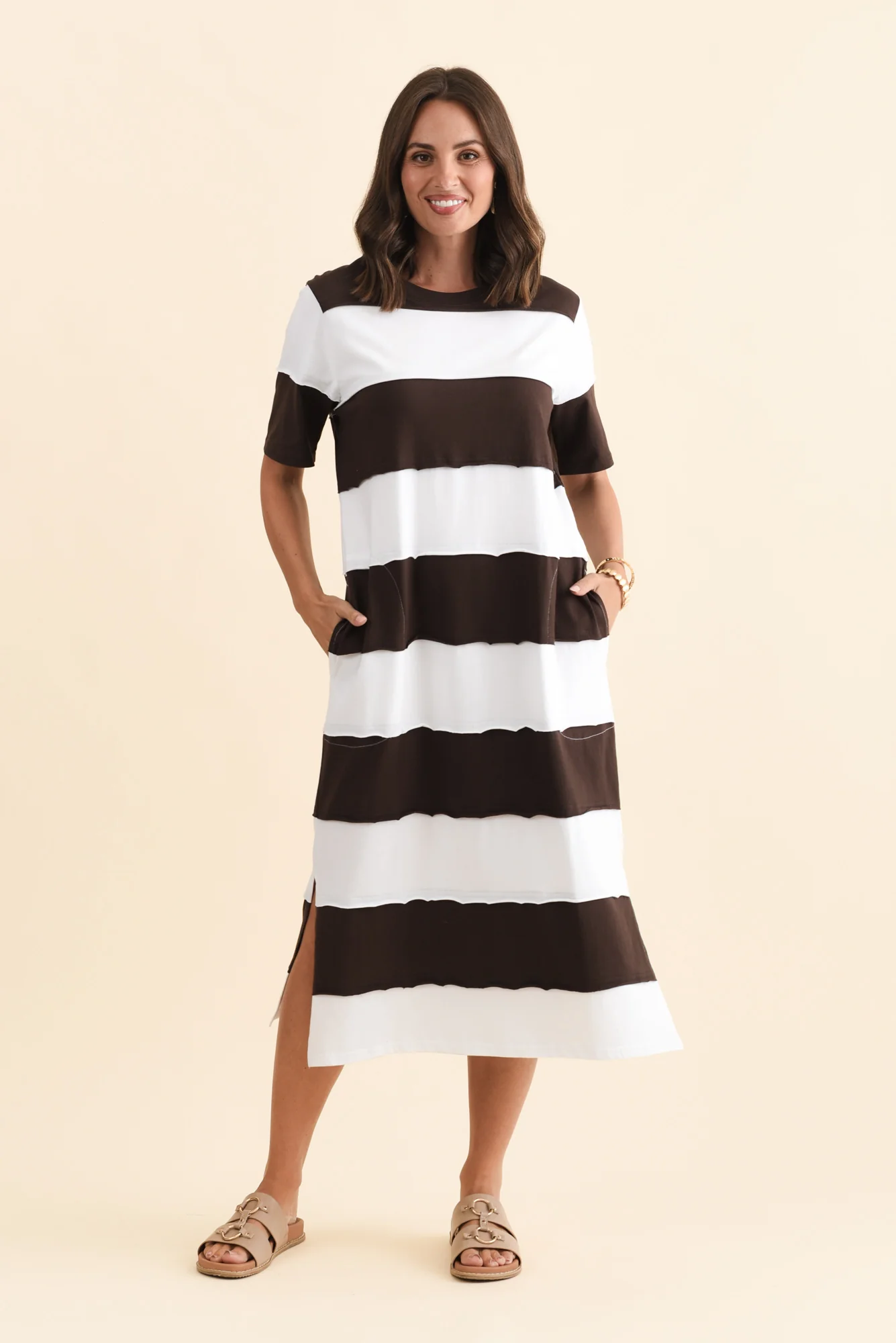 Bold Dark Brown Stripe Cotton Tee Dress - Image 2
