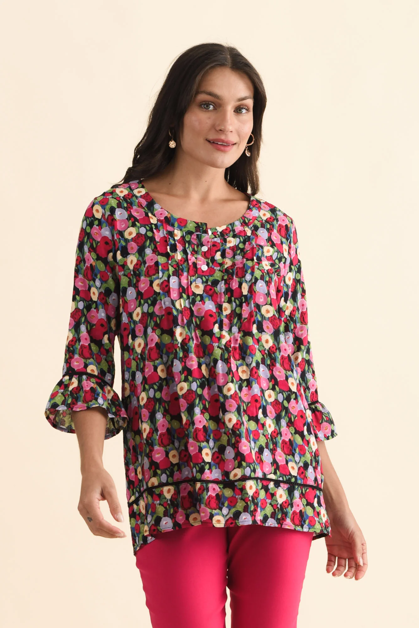 Cassidy Pink Poppy Cotton Sleeved Top