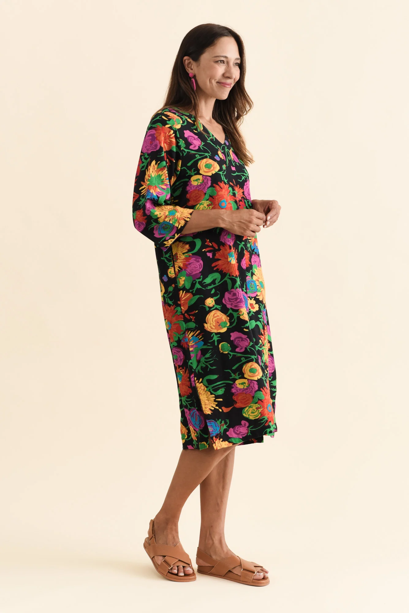 Celine Black Floral Linen Cotton Dress - Image 3