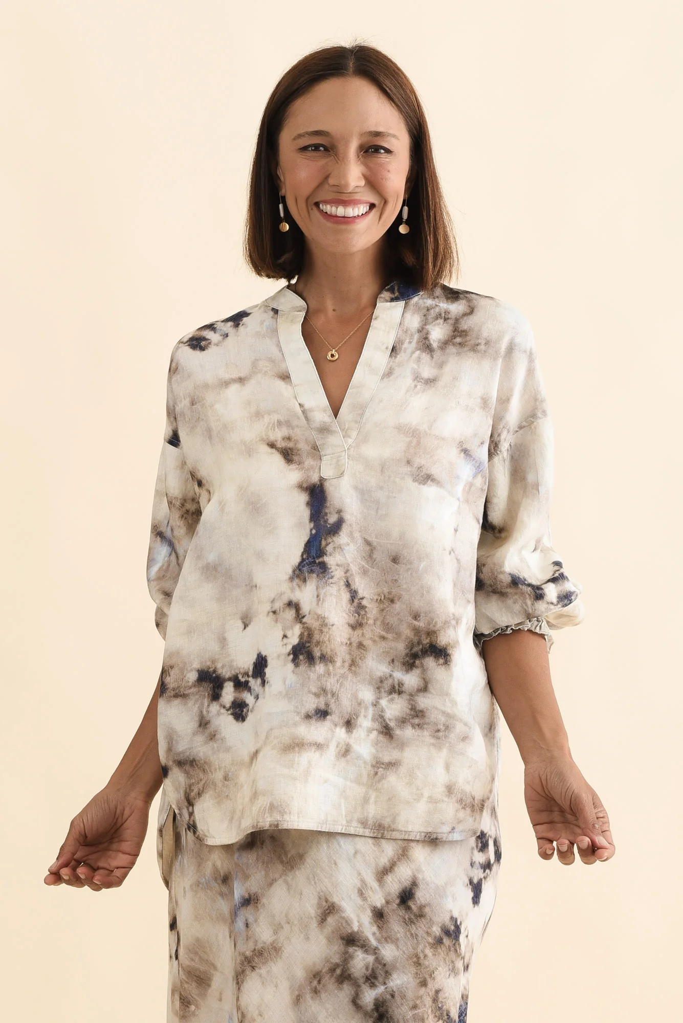 Curio Taupe Abstract Linen Blouse