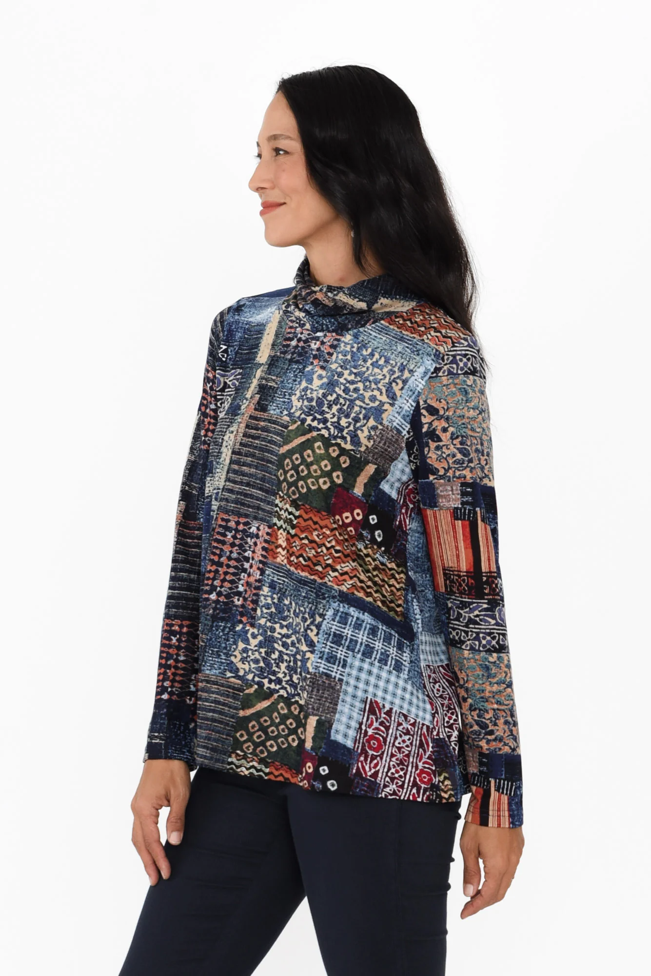 Della Blue Patchwork Turtleneck Top - Image 3