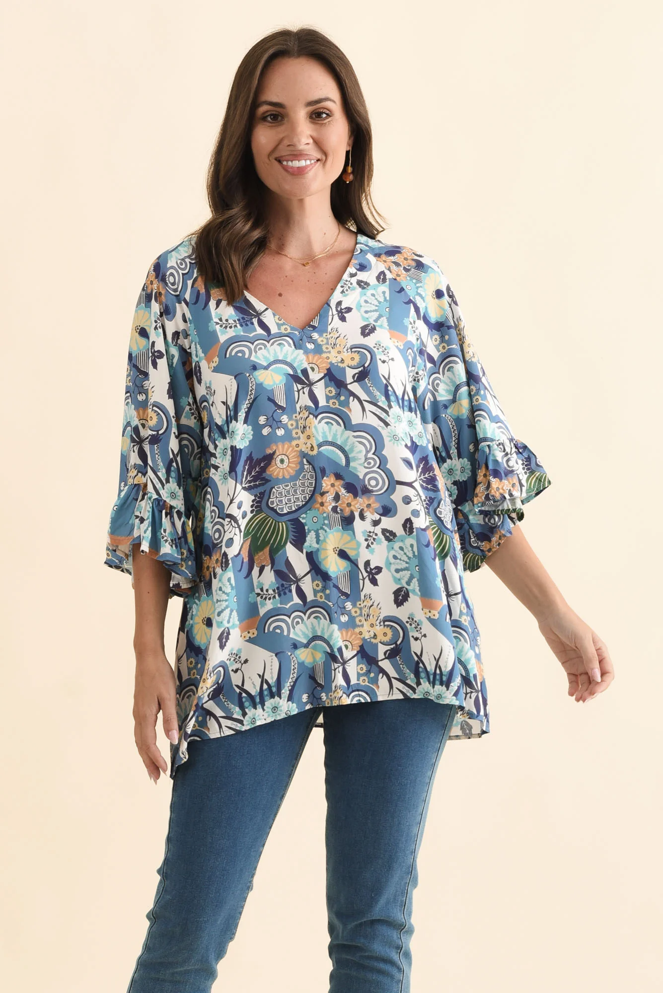 Diona Blue Floral Frill Sleeve Top
