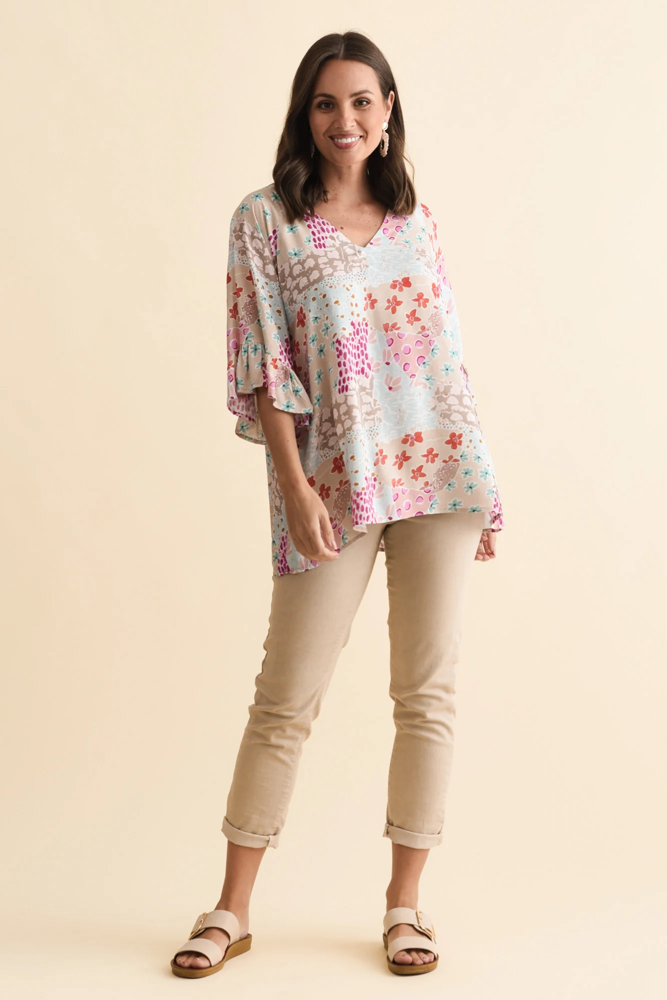Diona Blue Mosaic Frill Sleeve Top - Image 2