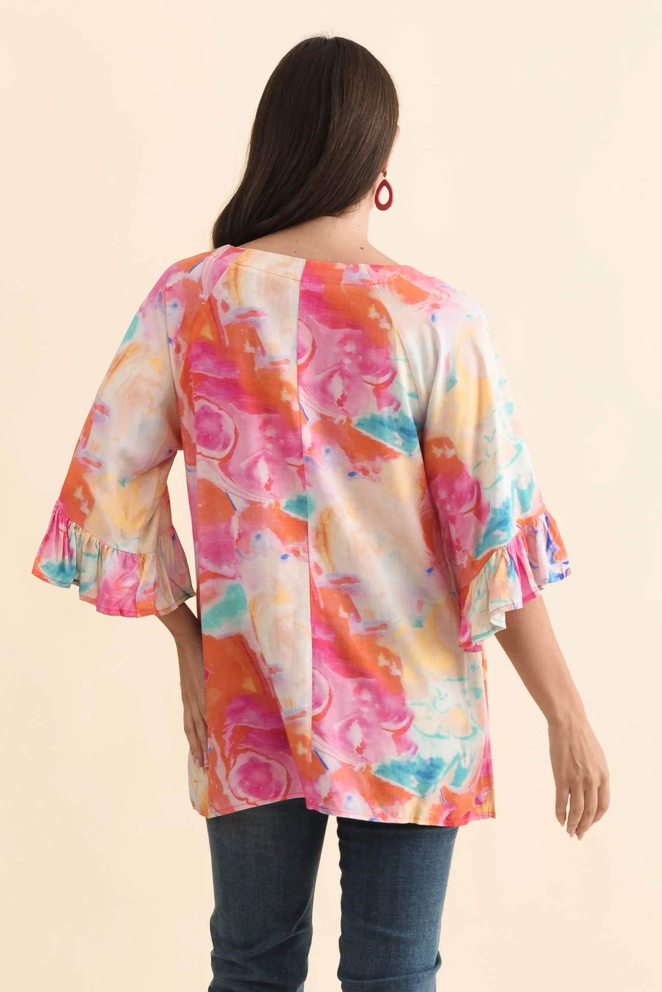 Diona Pink Watercolour Frill Sleeve Top - Image 4
