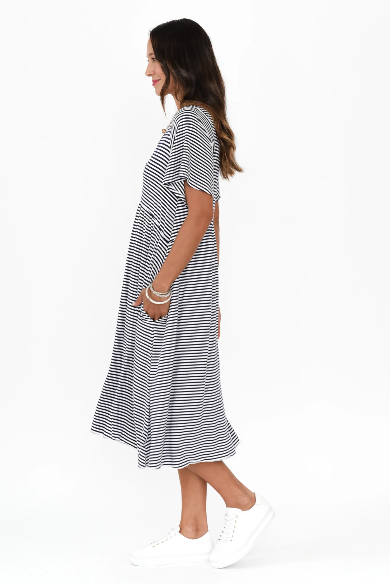 Donna Navy Stripe Gathered Dress - Image 4