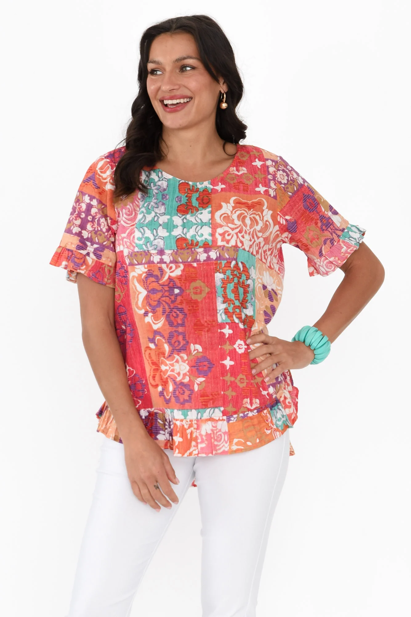 Edda Red Mosaic Cotton Frill Top