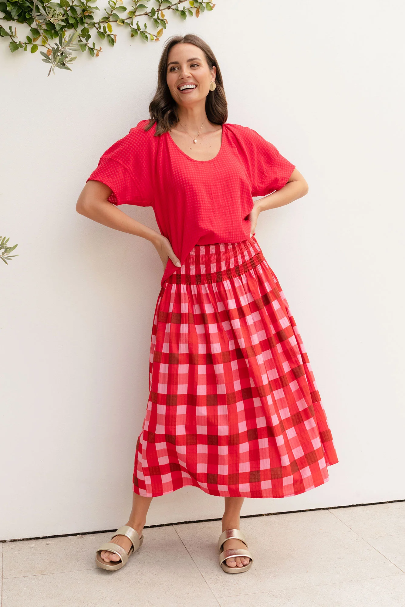 Edin Red Check Cotton Maxi Skirt