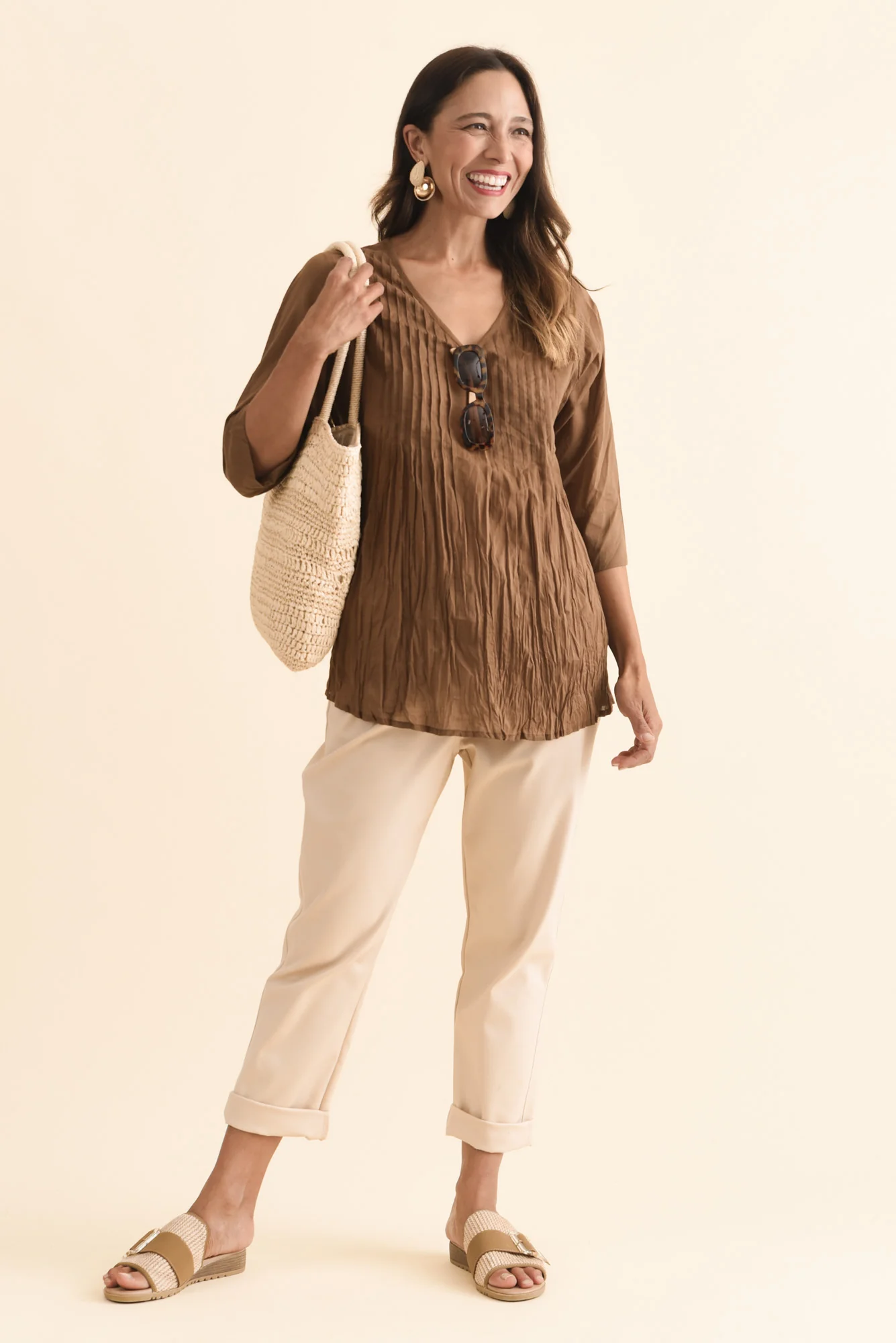 Fia Mocha Sleeved Crinkle Cotton Top - Image 2