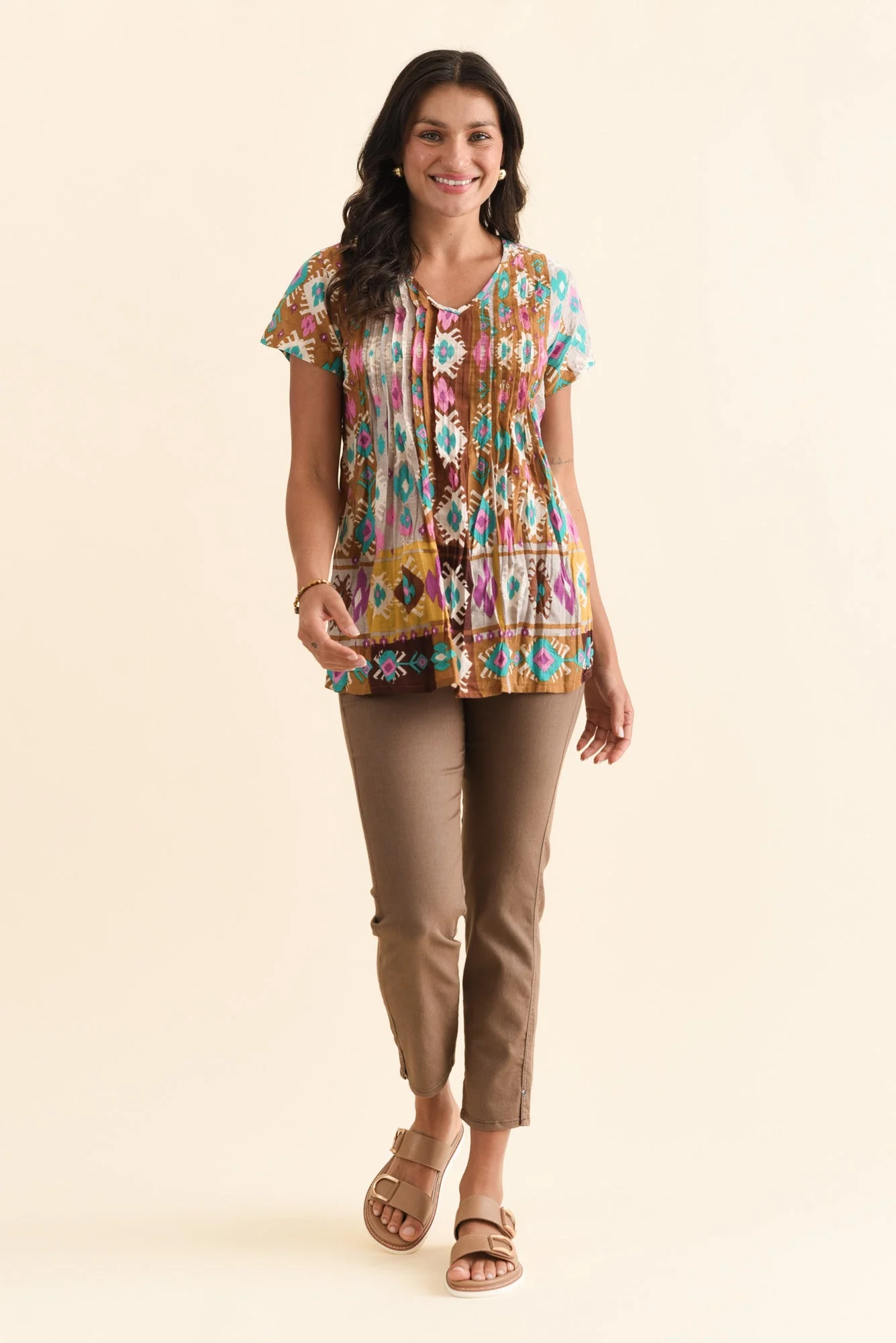 Fia Terracotta Geo Crinkle Cotton Top - Image 7