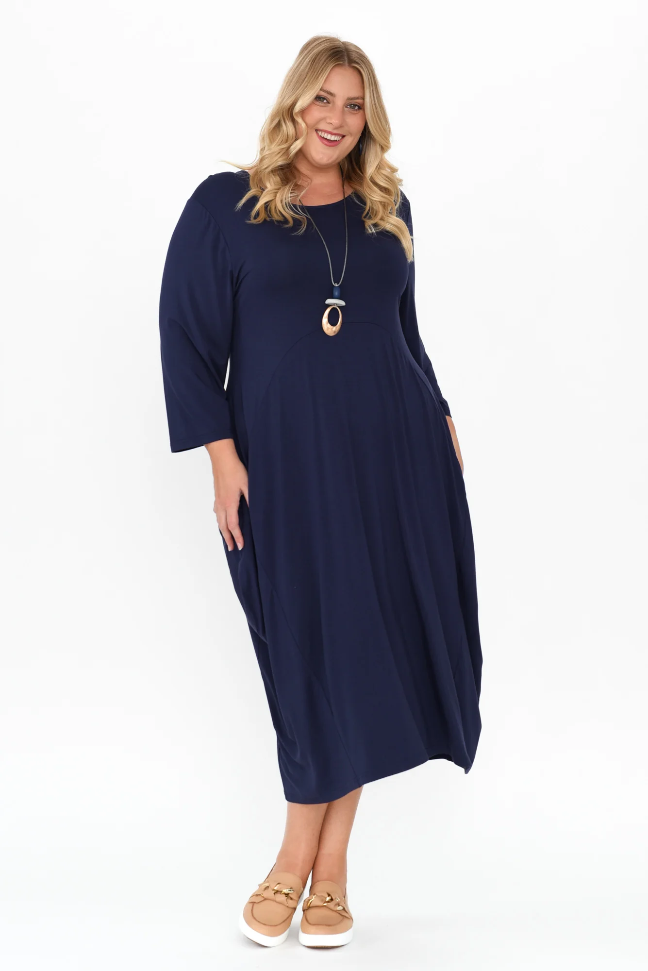 Glenda Navy Sleeved Crescent Dress - Image 8