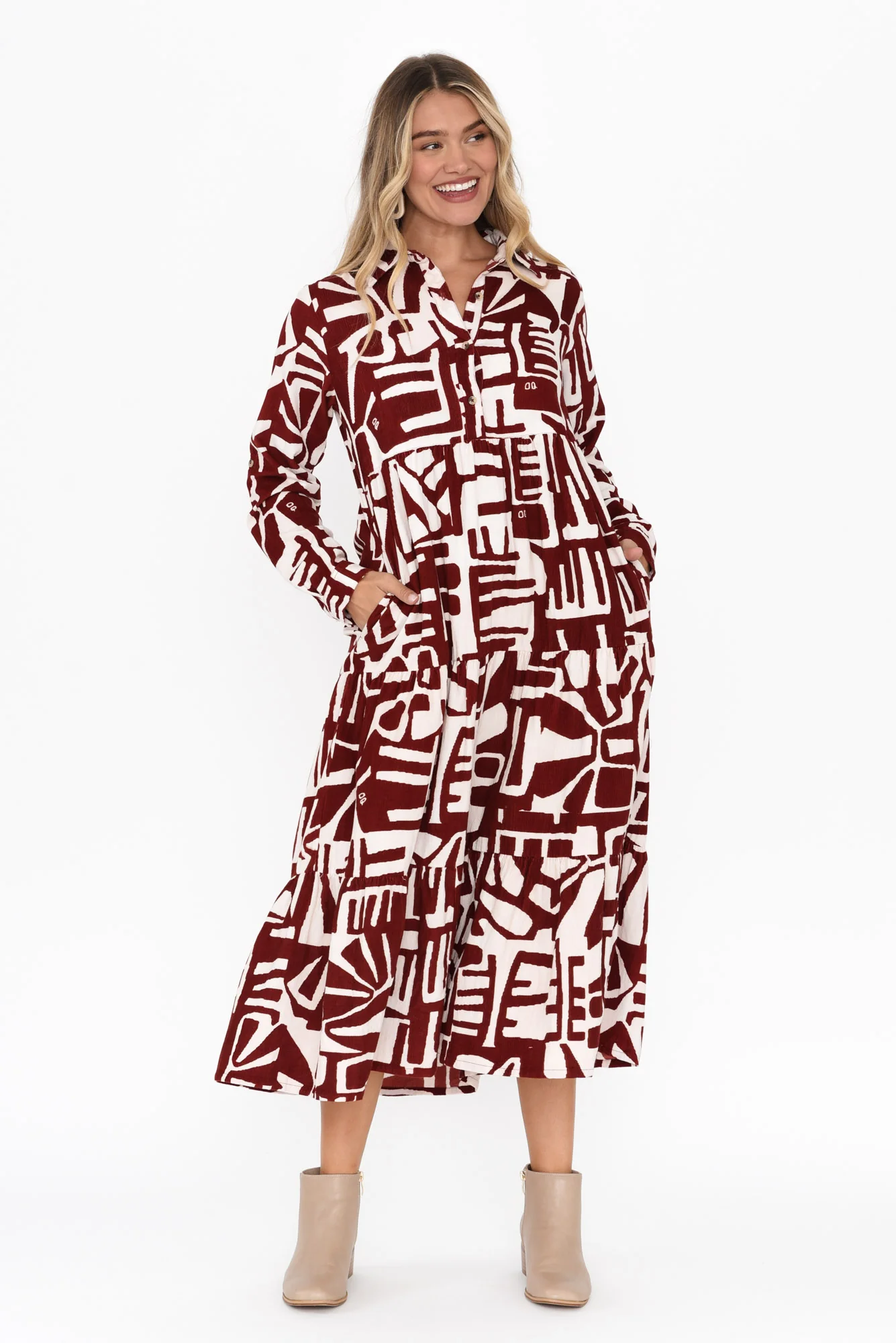Hilda Red Geo Cotton Corduroy Dress - Image 6