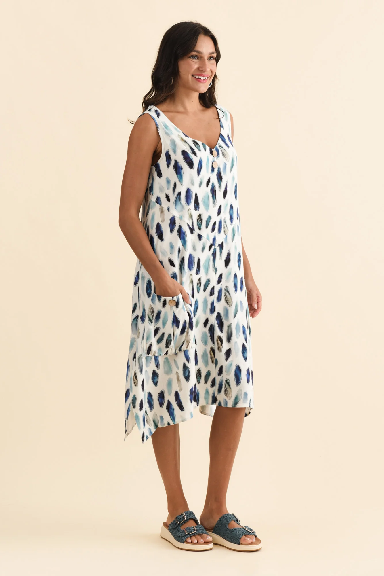 Jakine Blue Brush Stroke Linen Cotton Dress - Image 3