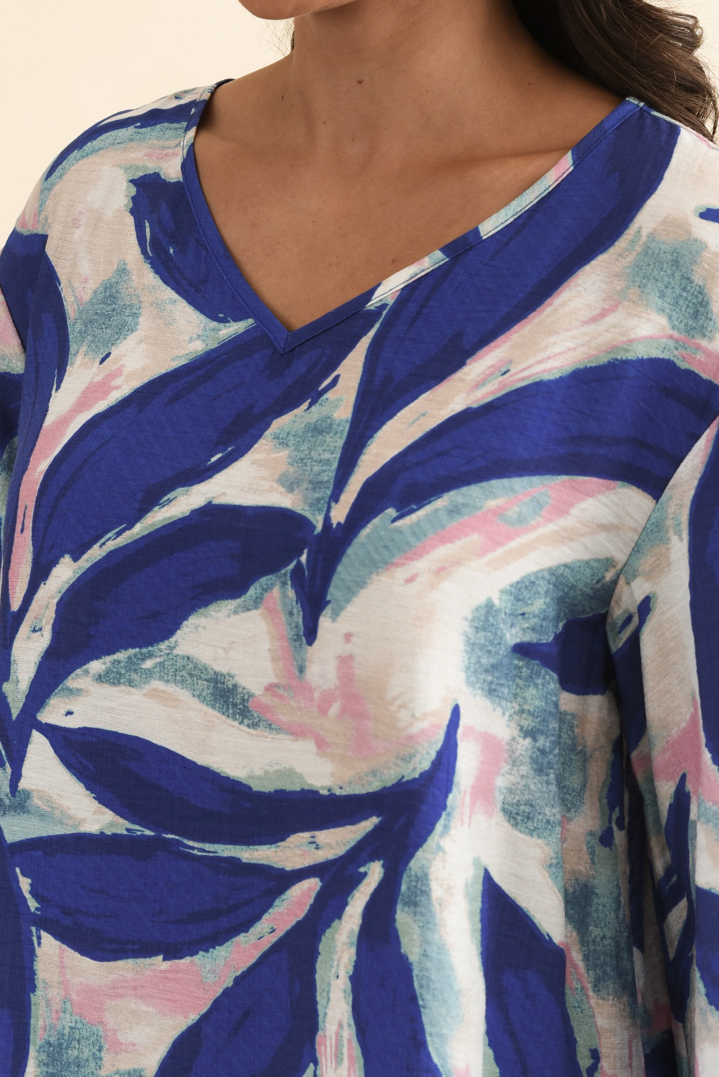 Janelle Blue Leaf V Neck Top - Image 6