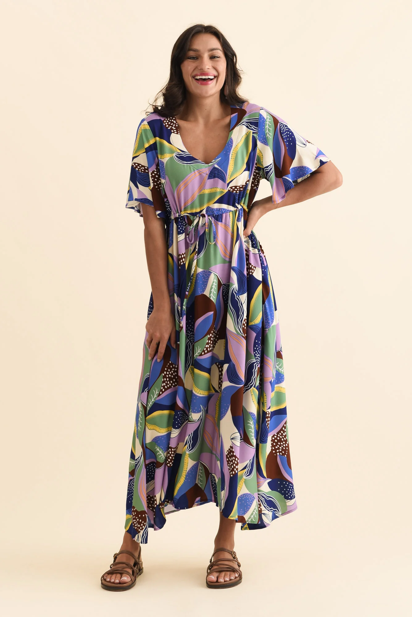 Jennifer Blue Leaf Flutter Sleeve Dress - Image 2