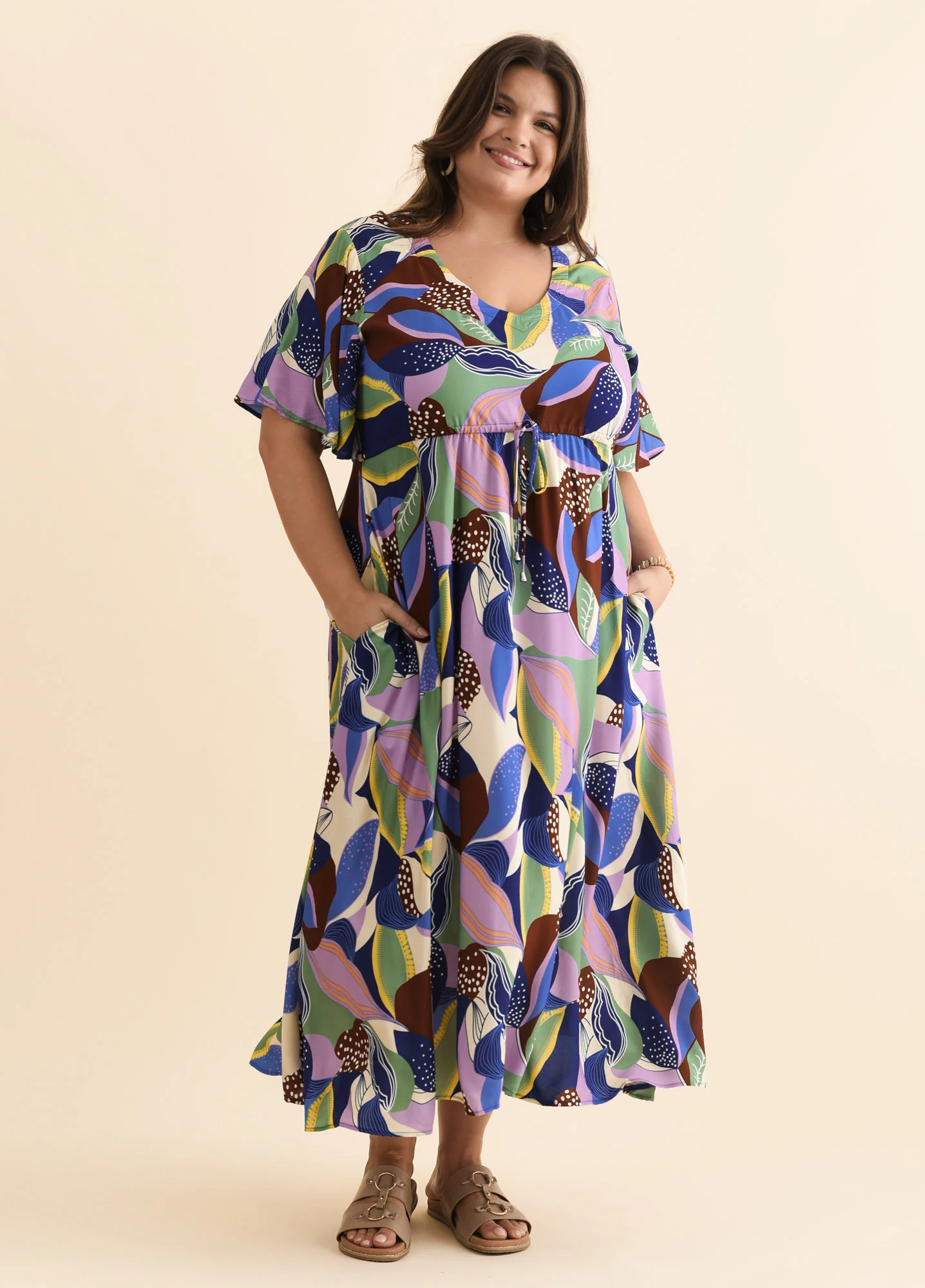 Jennifer Blue Leaf Flutter Sleeve Dress - Image 8