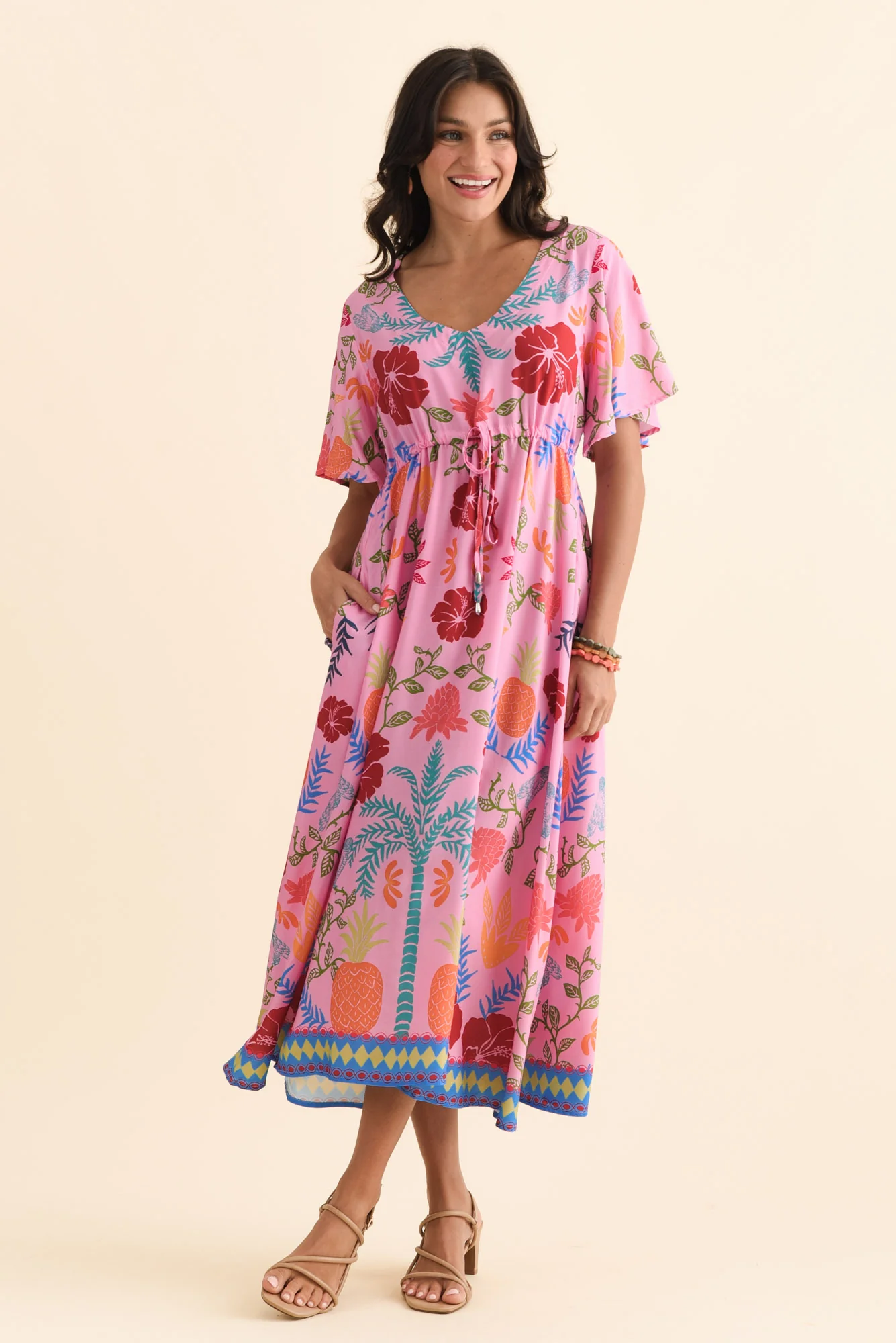 Jennifer Pink Tropical Flutter Sleeve Dress - Image 3