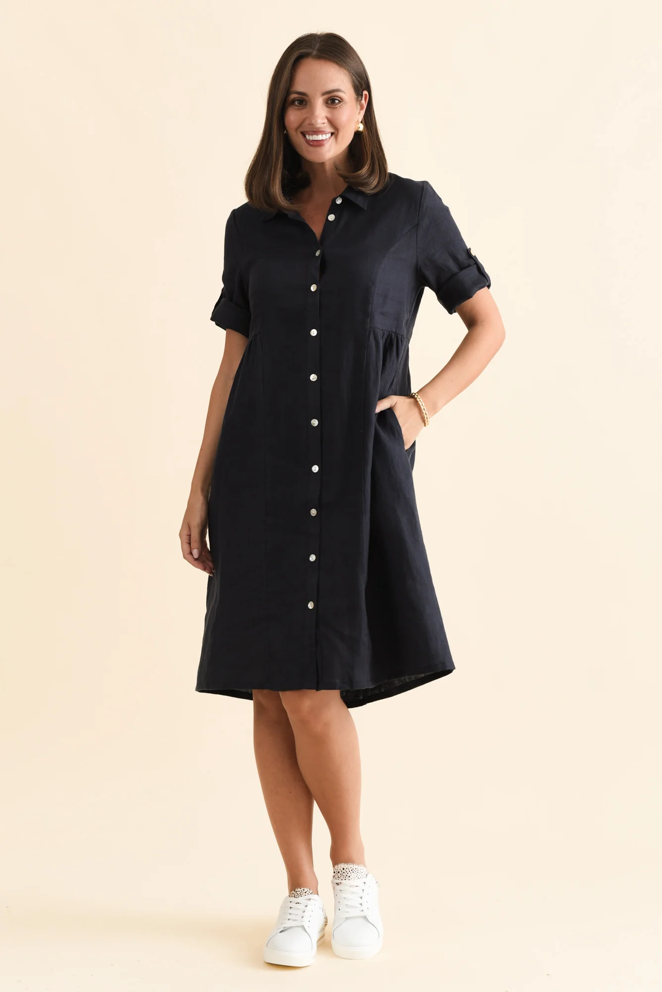 Katy Navy Linen Pocket Dress