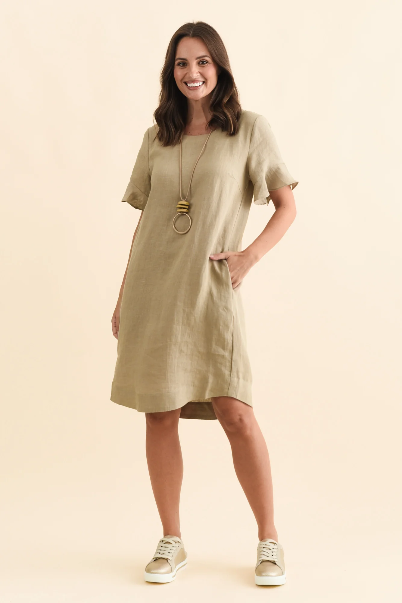 Lesley Taupe Linen Flutter Sleeve Dress