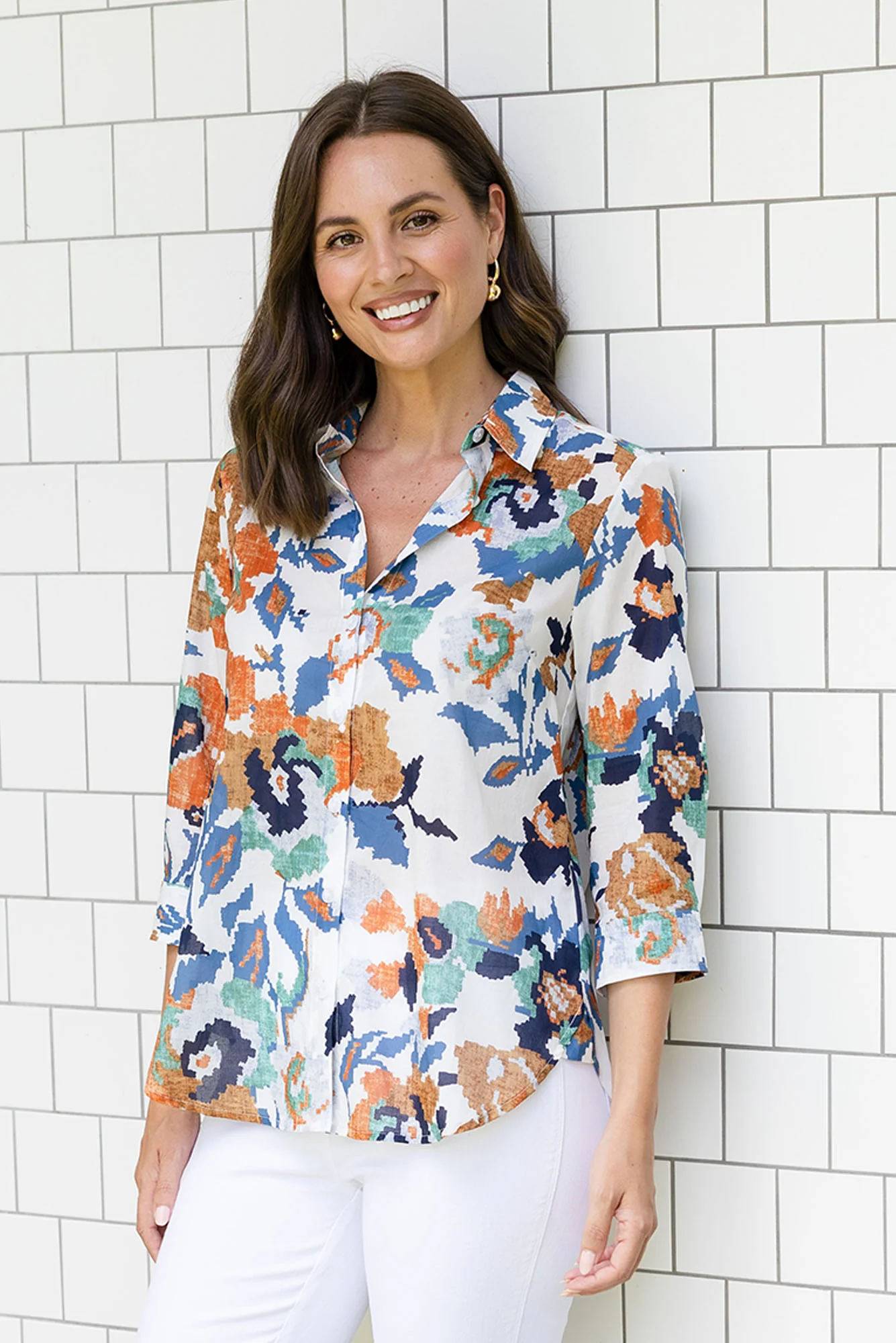 Lilah Orange Garden Cotton 3/4 Sleeved Shirt