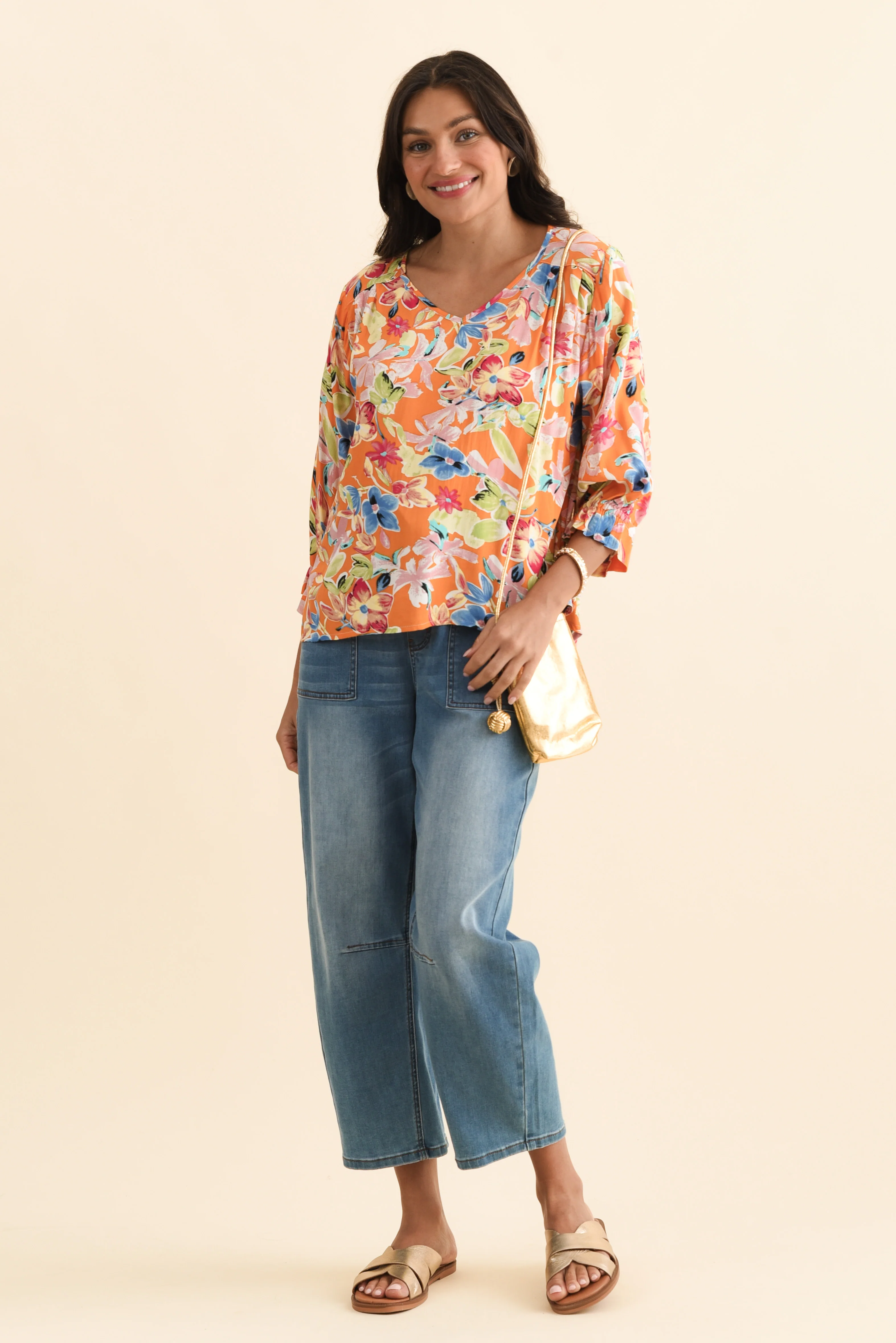 Lourdes Orange Floral Frill Sleeve Top - Image 3