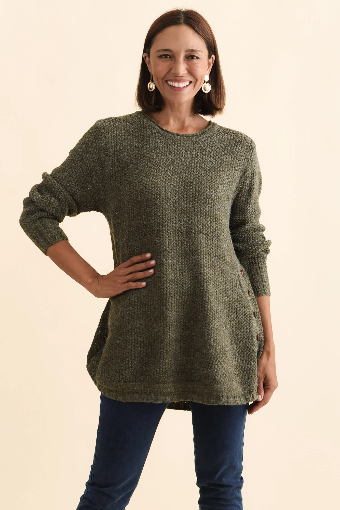 Lucas Khaki Knit Button Jumper