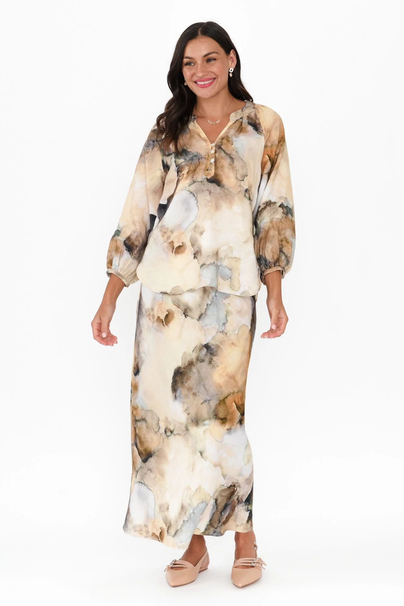 Meru Beige Marble Linen Button Blouse - Image 2