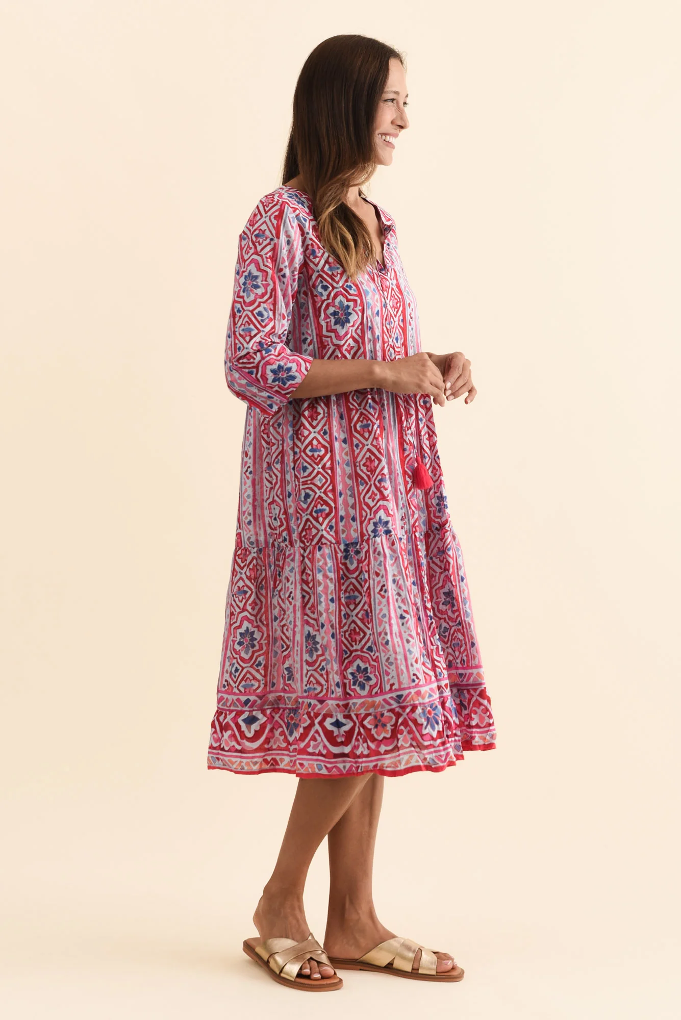 Milana Red Abstract Crinkle Cotton Dress - Image 3