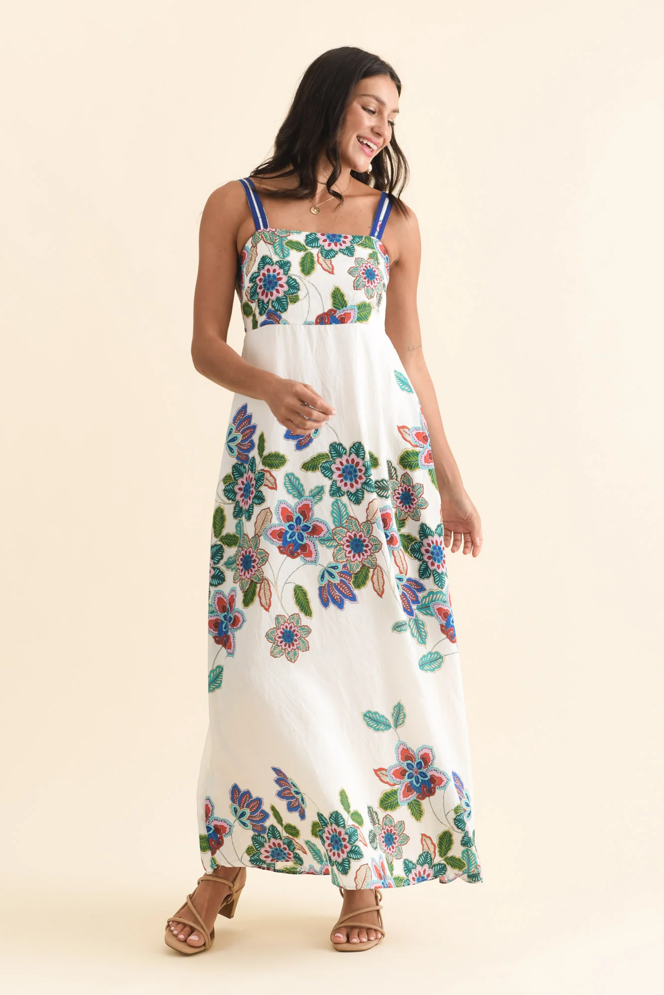 Mykonos White Floral Linen Cotton Dress - Image 7