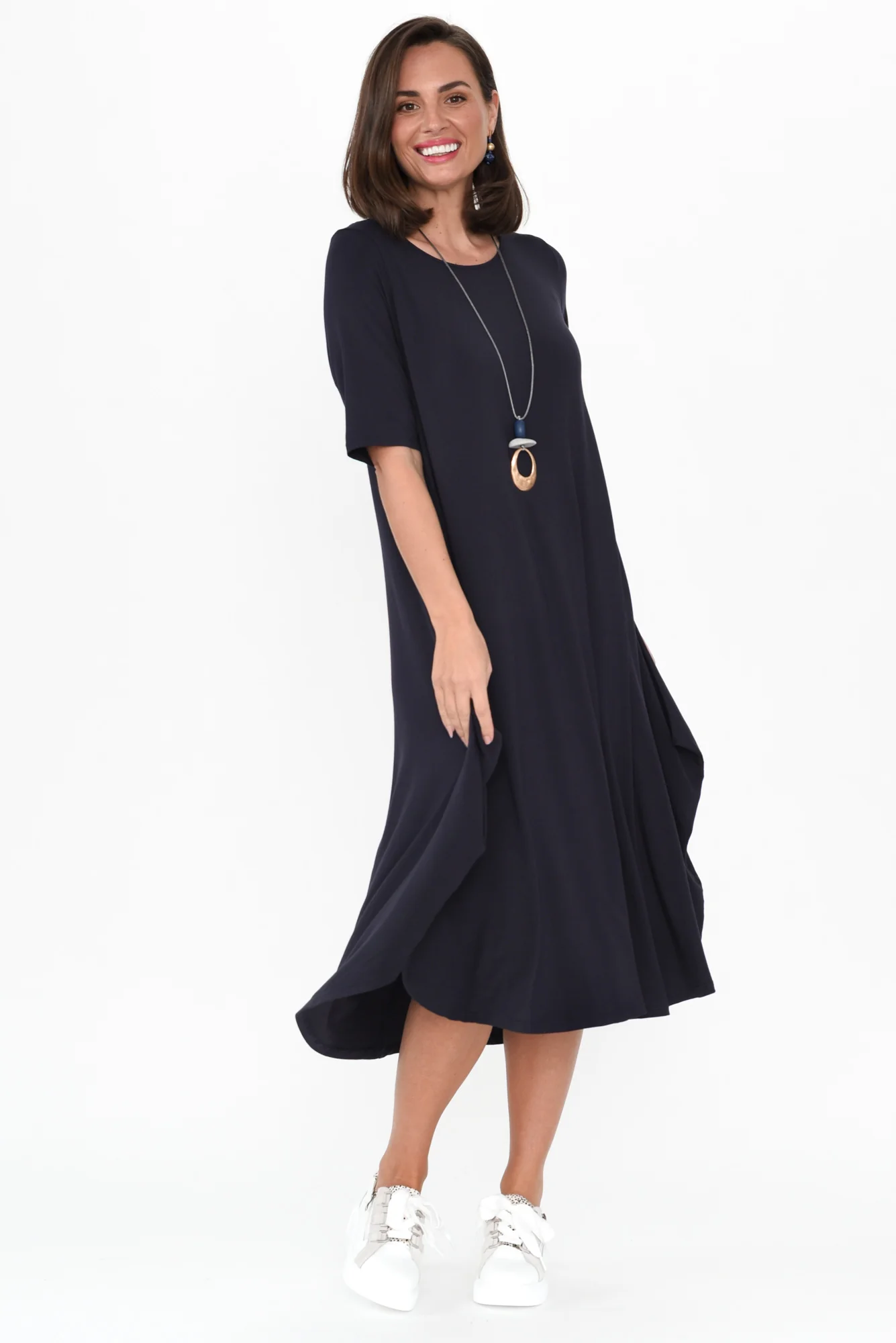 Navy Micro Modal Tri Drape Dress - Image 3