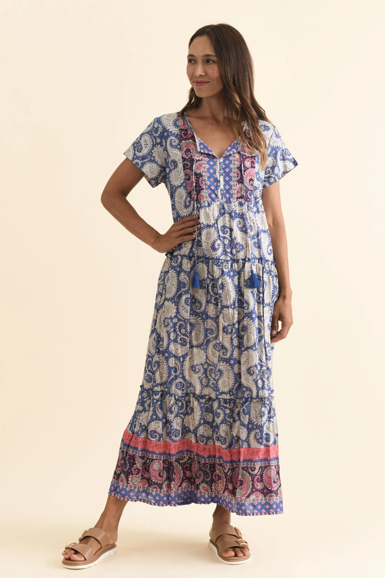 Nona Blue Paisley Crinkle Cotton Maxi Dress - Image 2