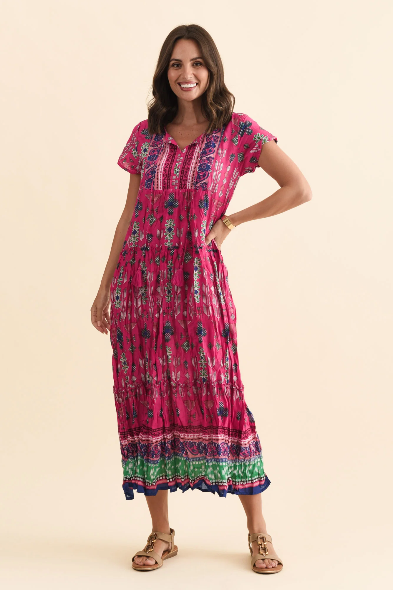Nona Fuchsia Mosaic Crinkle Cotton Maxi Dress