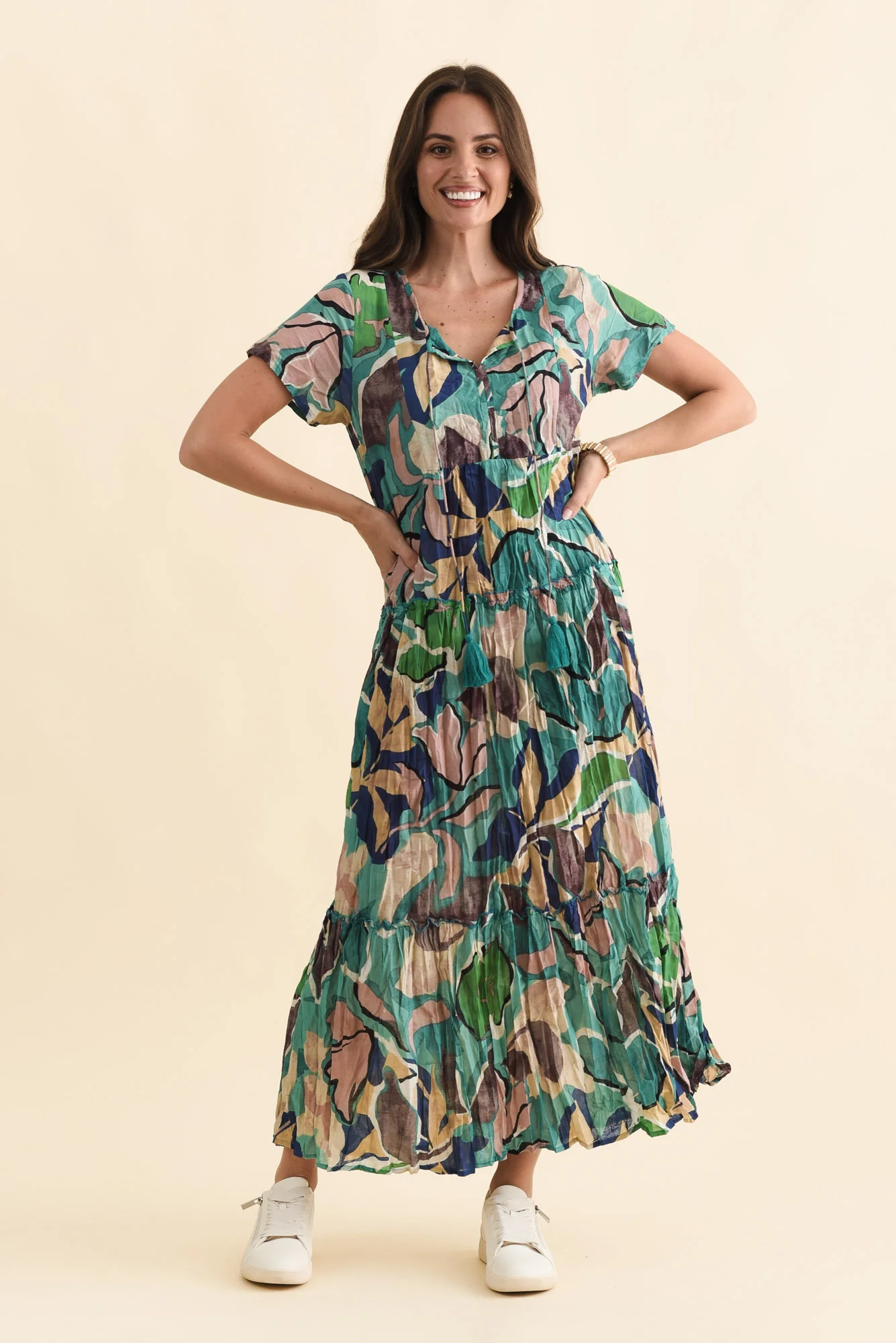 Nona Teal Foliage Crinkle Cotton Maxi Dress - Image 6
