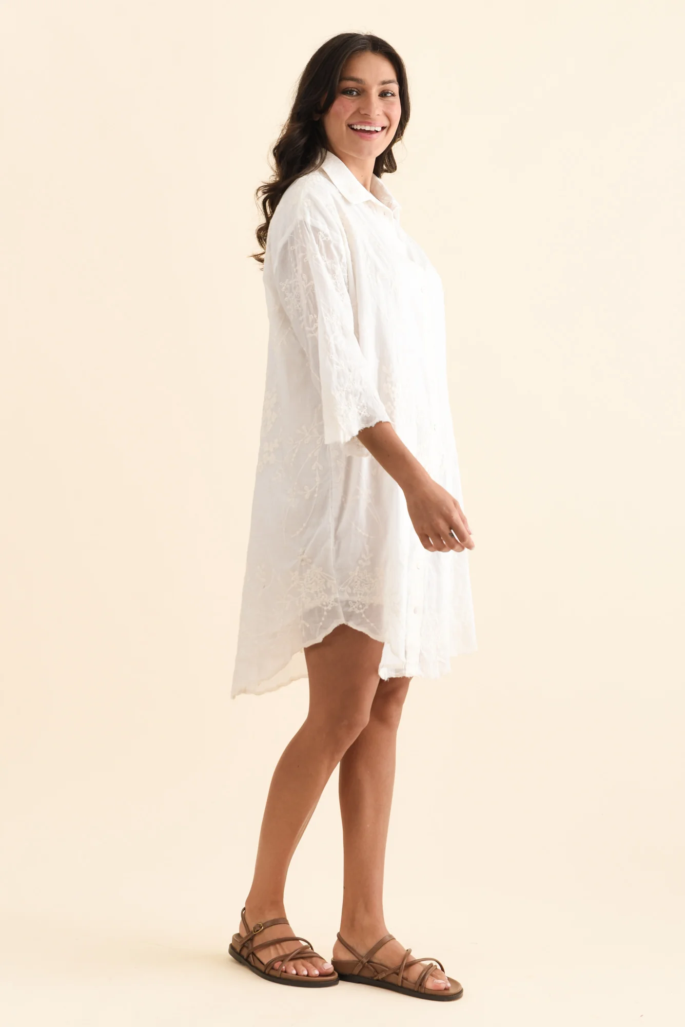 Offredo White Cotton Embroidered Shirt Dress - Image 3