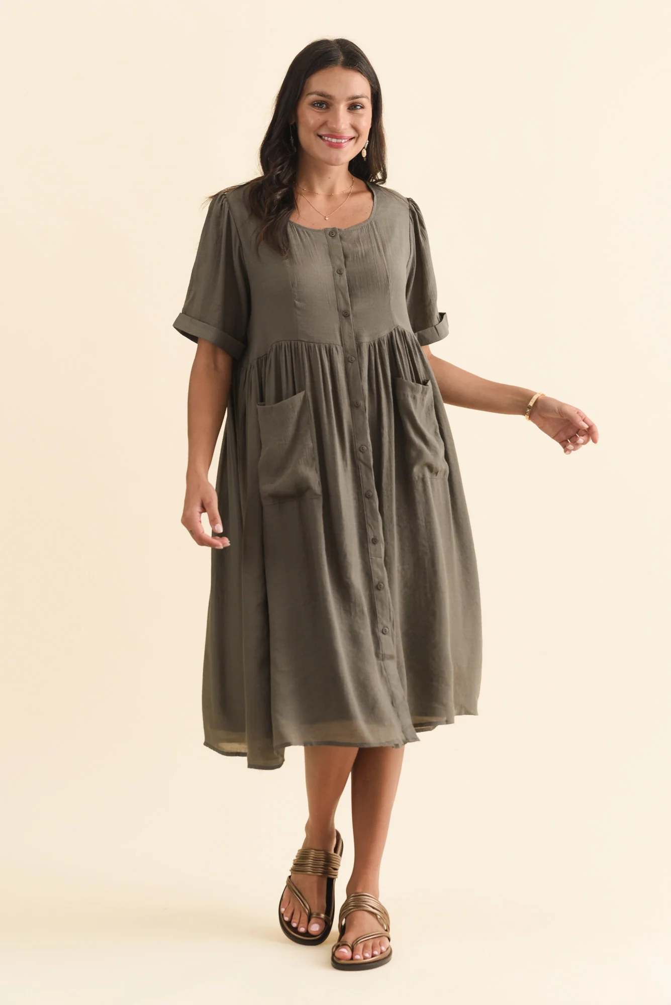 Rayna Khaki Button Dress