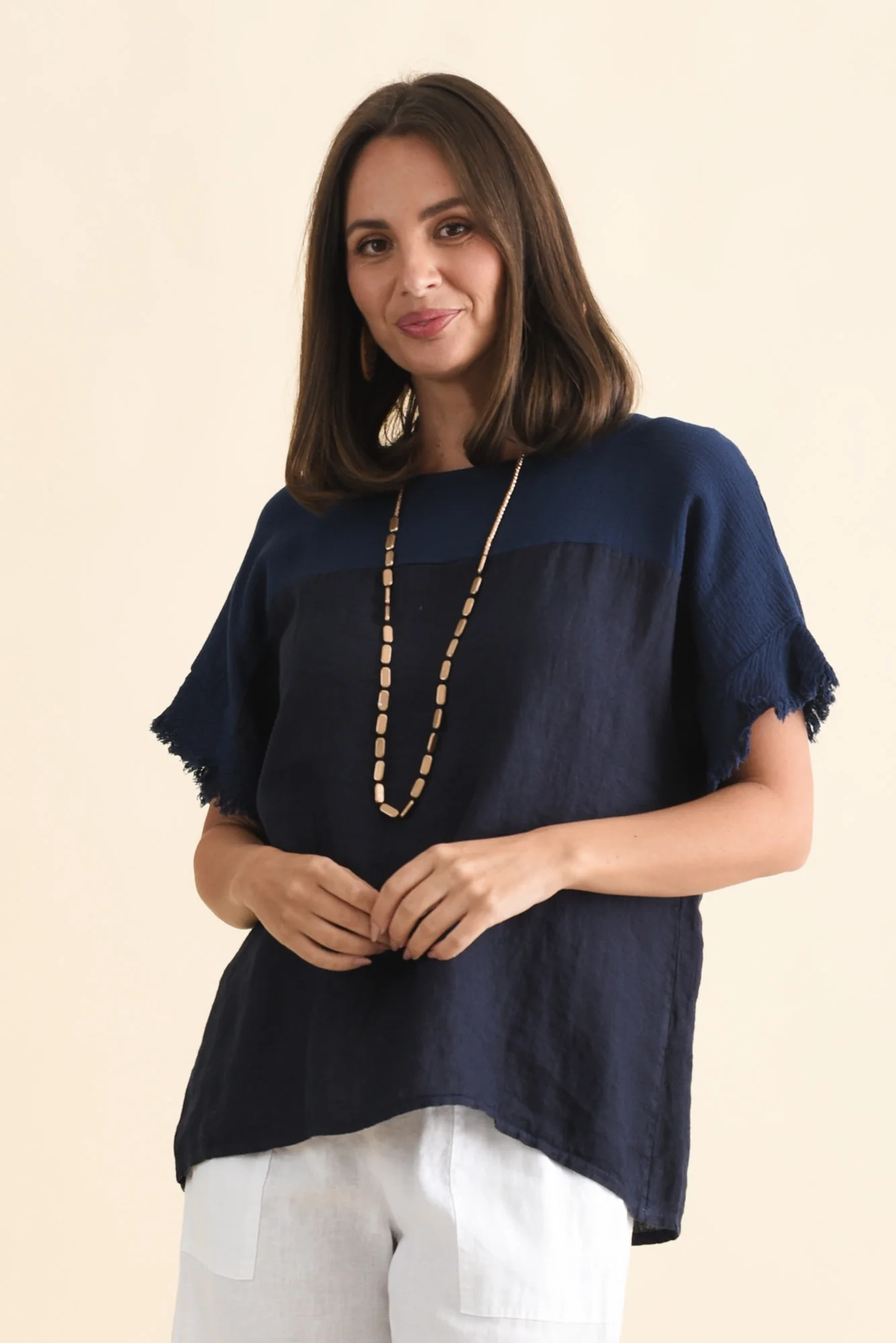 Remo Navy Linen Frayed Top
