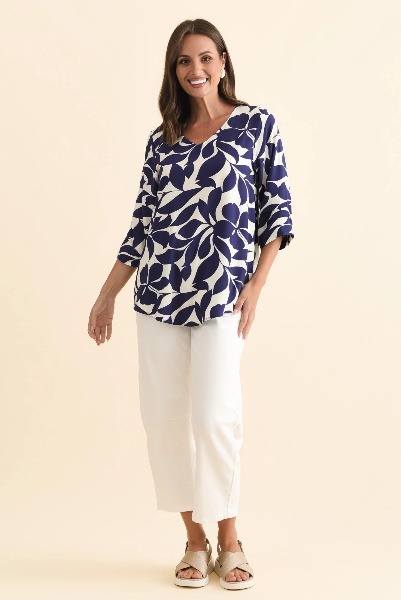 Riveria Navy Leaf V Neck Top - Image 7