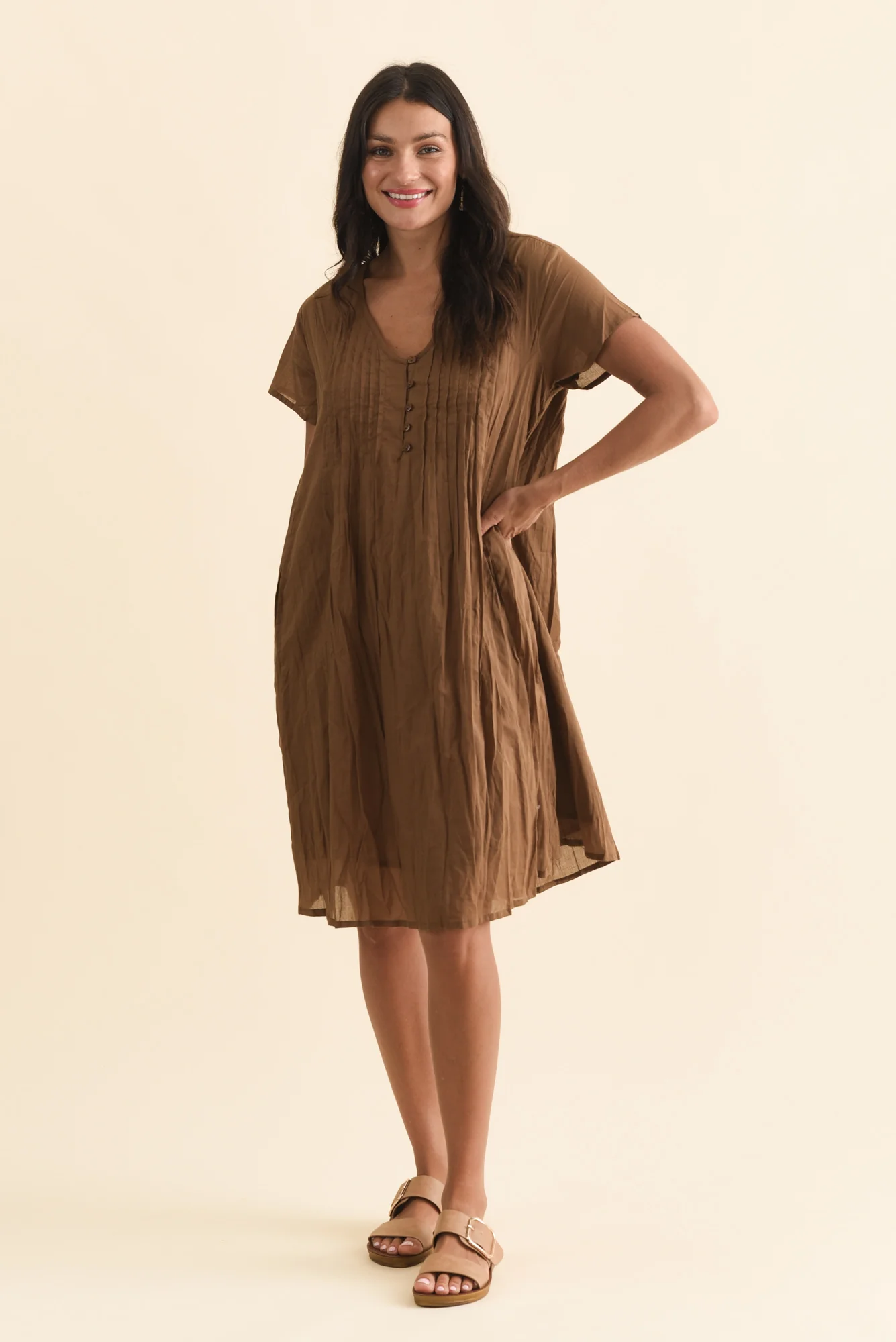 Sabina Mocha Crinkle Cotton Dress