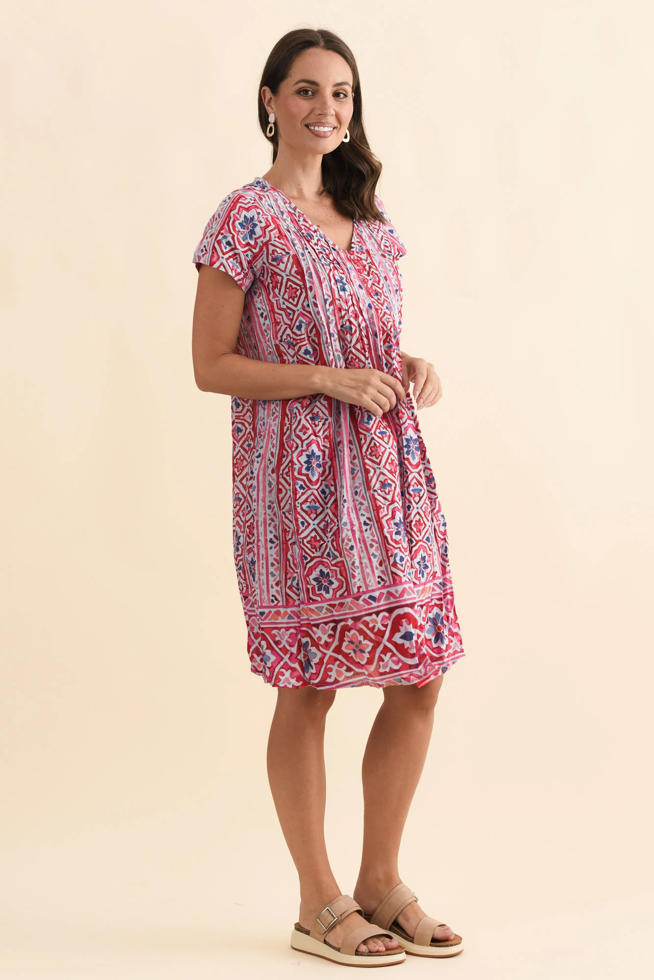 Sabina Red Abstract Crinkle Cotton Dress - Image 3