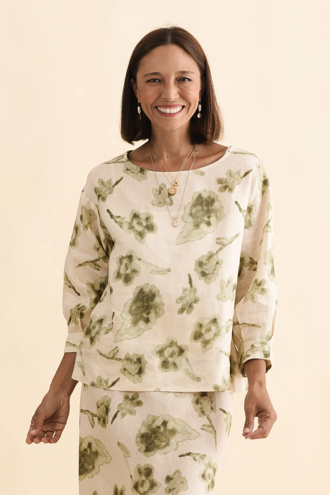 Saloma Cream Floral Linen Scoop Neck Top
