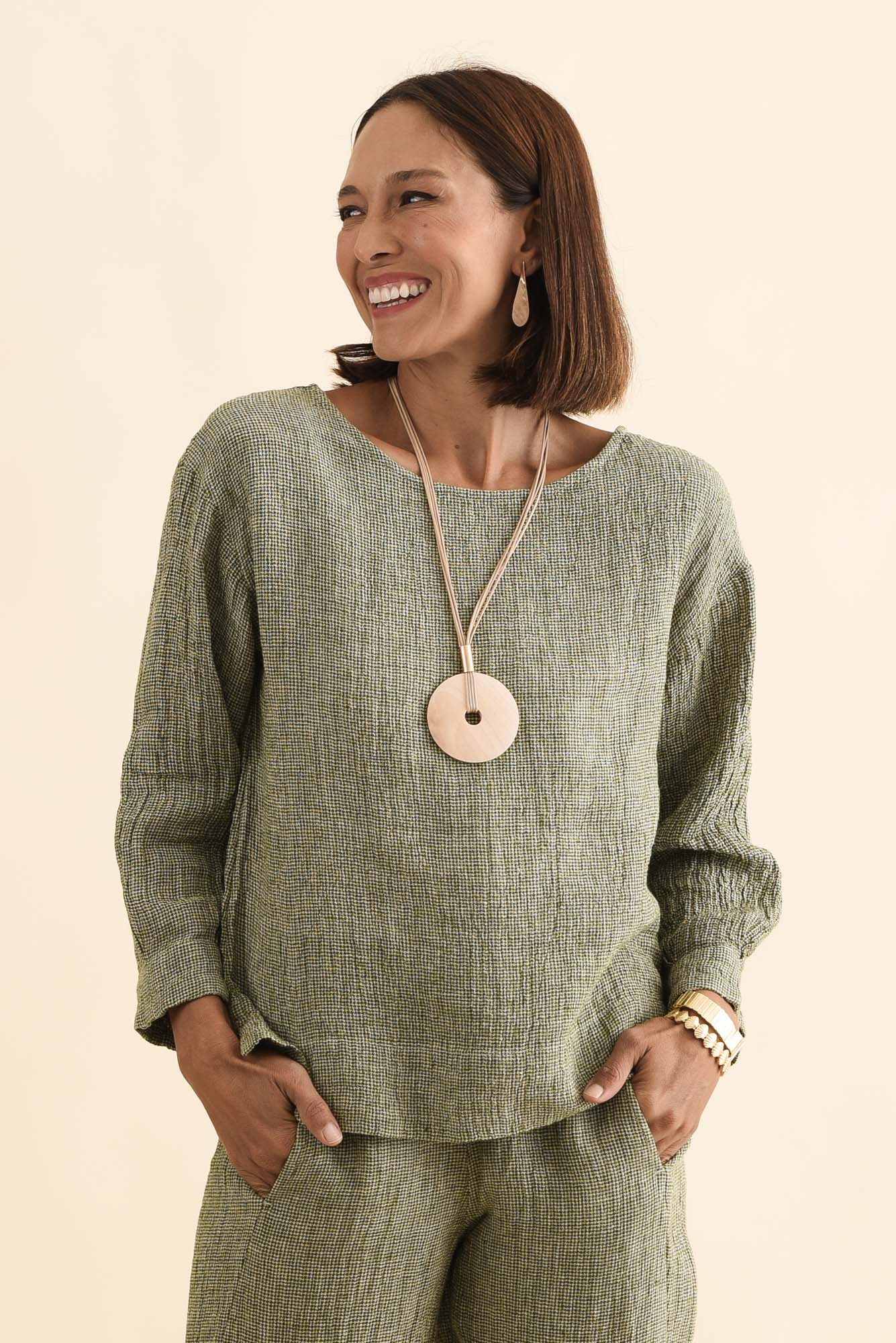 Saloma Sage Linen Scoop Neck Top