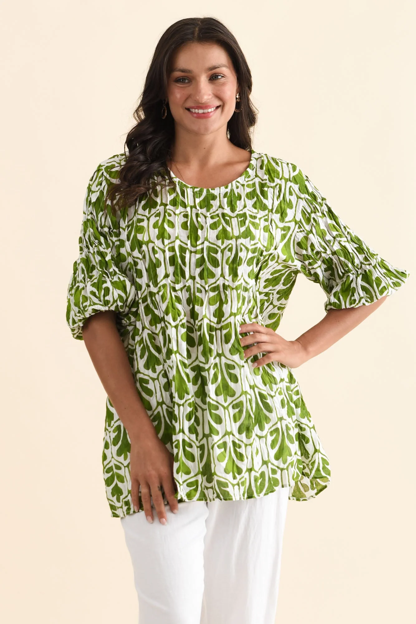 Selma Green Abstract Crinkle Cotton Top - Image 2