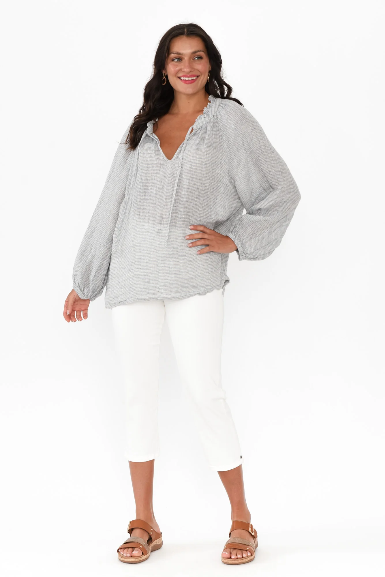 Sussana Light Blue Stripe Linen Tie Top - Image 2