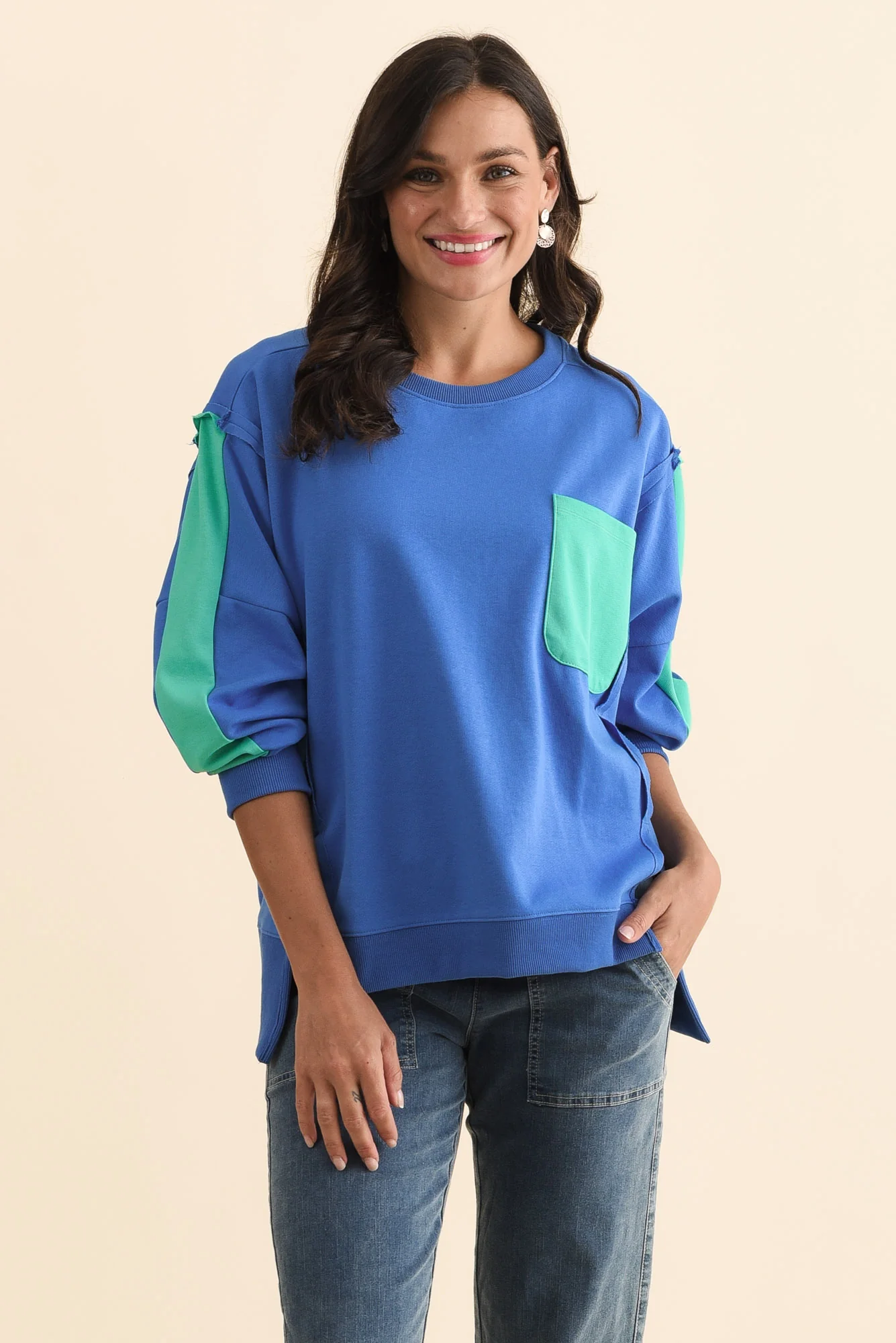 Tania Blue Contrast Cotton Sweatshirt
